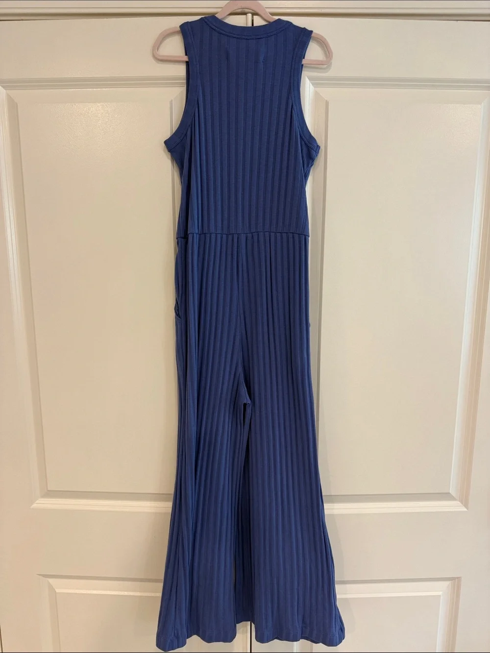 Treasure & Bond Blue Ribbed Button-Front Long Sleeve Jumpsuit